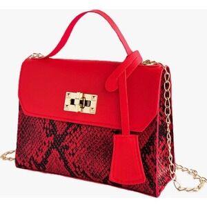 Snakeskin Red Crossbody‎ Bag Gold Chain Strap Party Clutch PU Leather NEW